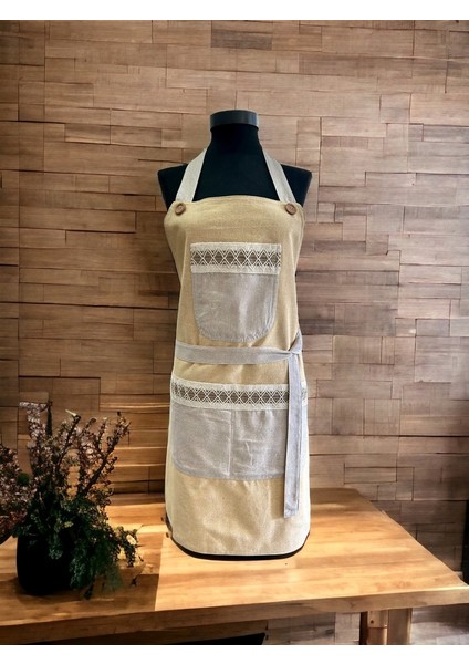 Gri Renk Sarı Cepli Keten Modern Etnik Tarz Çift Katlı Mutfak Önlüğü