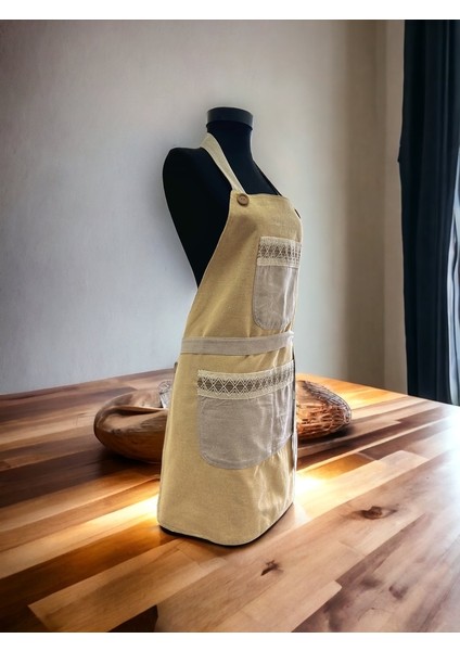 Gri Renk Sarı Cepli Keten Modern Etnik Tarz Çift Katlı Mutfak Önlüğü fiyatları