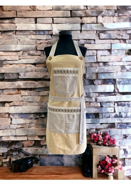 Gri Renk Sarı Cepli Keten Modern Etnik Tarz Çift Katlı Mutfak Önlüğü modelleri