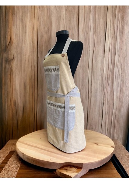 Gri Renk Sarı Cepli Keten Modern Etnik Tarz Çift Katlı Mutfak Önlüğü fırsatları
