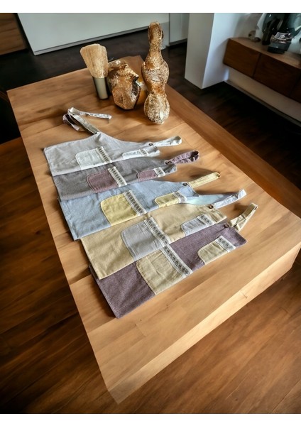 Gri Renk Sarı Cepli Keten Modern Etnik Tarz Çift Katlı Mutfak Önlüğü indirimleri