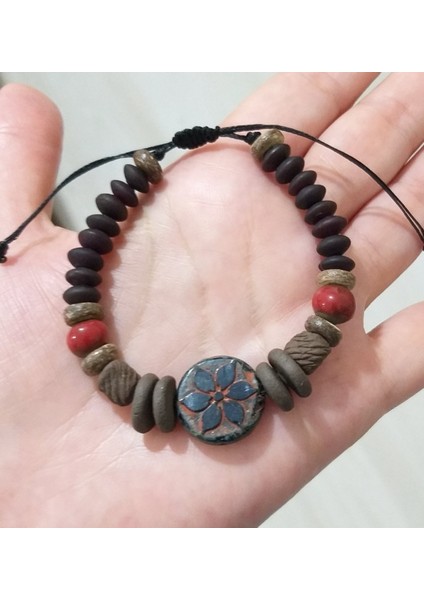 Siyah Çiçekli Seramik ve El Yapımı Toprak Boncuklu Hint Cam Boncuklu Bileklik