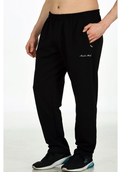 Siyah Erkek Iki Iplik Klasik Model Cepli Düz Paça Büyük Beden Eşofman Altı EDY0032