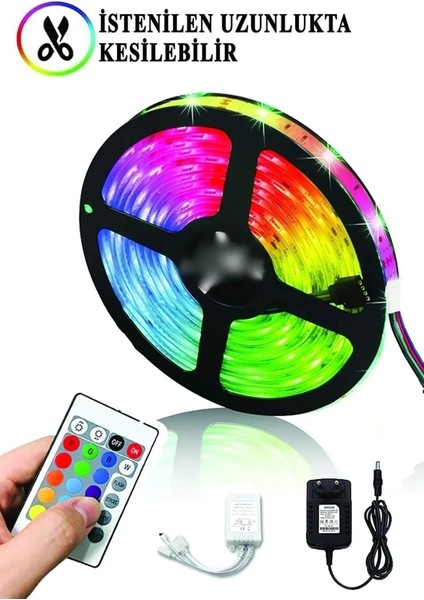 Şerit LED Işık Rgb 5 Metre Hazır Set Tak Çalıştır Kumandalı Adaptörlü Silikonlu