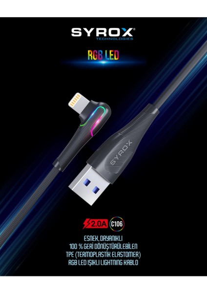 C106 Iphone 2A LED Işıklı Şarj USB Kablosu