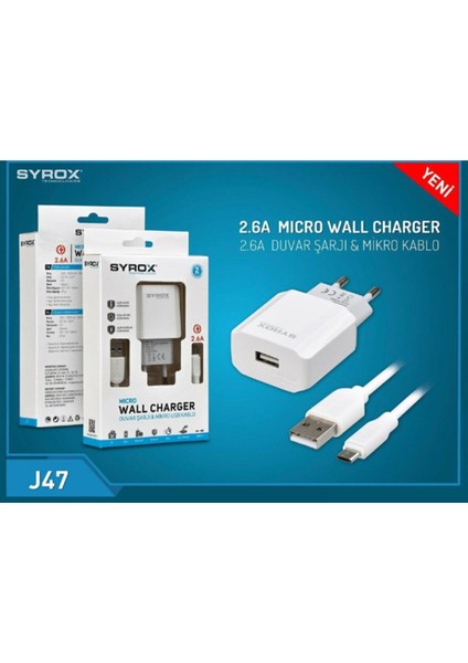 J47 Micro USB Girişli 2.6 Amper Samsung Hızlı Şarj Aleti