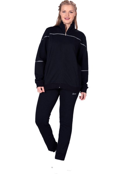 Lacivert Kadın Balıkçı Yaka Fermuarlı Eşofman Takımı (Battal Boy) (201802)