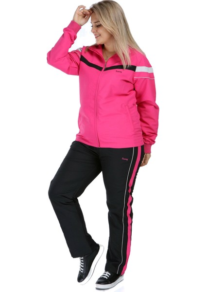 Pembe Kadın Yarım Balıkçı Yaka Boydan Fermuarlı Büyük Beden Eşofman Takımı EDY958P