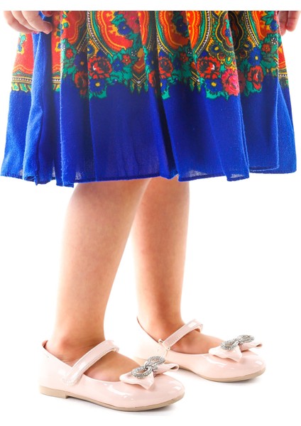 Papyon Taşlı Cırtlı Kız Çocuk Babet Ayakkabı 254 Rugan Pudra