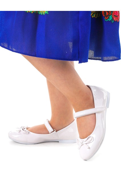 Fiyonklu Cırtlı Kız Çocuk Babet Ayakkabı 201 Rugan Beyaz modelleri