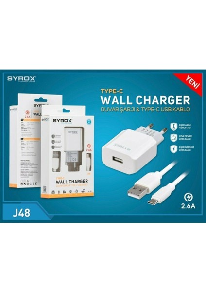 Syrox J48 Type-C Girişli 2.6A Hızlı Şarj Cihazı