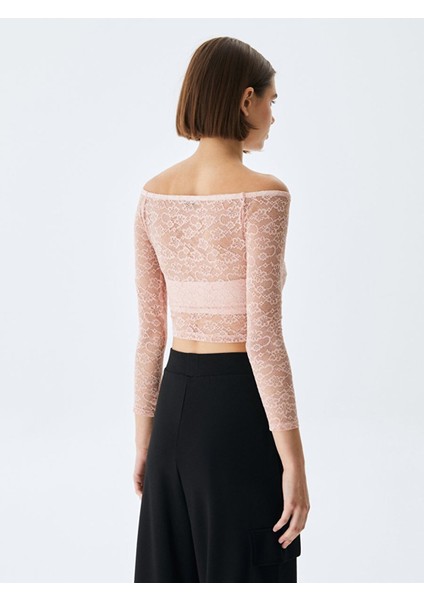 Kadın Dantel Omuzu Açık Crop Top Pembe Sweatshırt