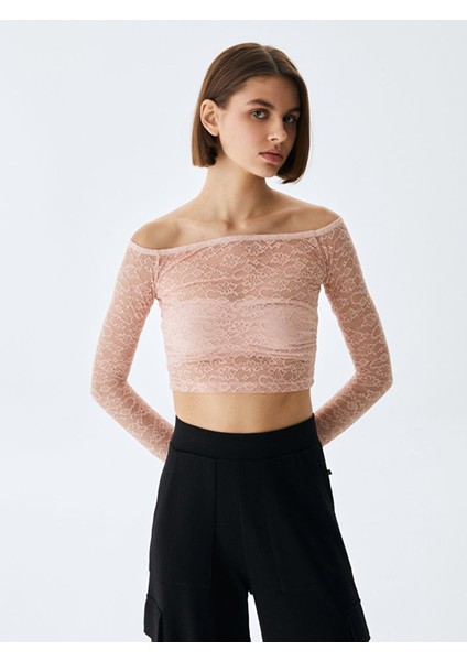 Kadın Dantel Omuzu Açık Crop Top Pembe Sweatshırt