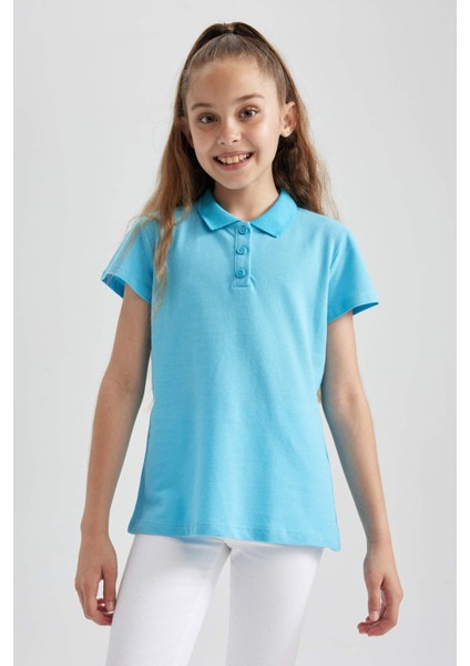 Kız Çocuk Kırmızı Pamuklu Kısa Kollu Polo Okul TIŞÖRTÜ B0671A823SM