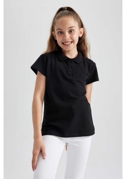 Kız Çocuk Kırmızı Pamuklu Kısa Kollu Polo Okul TIŞÖRTÜ B0671A823SM