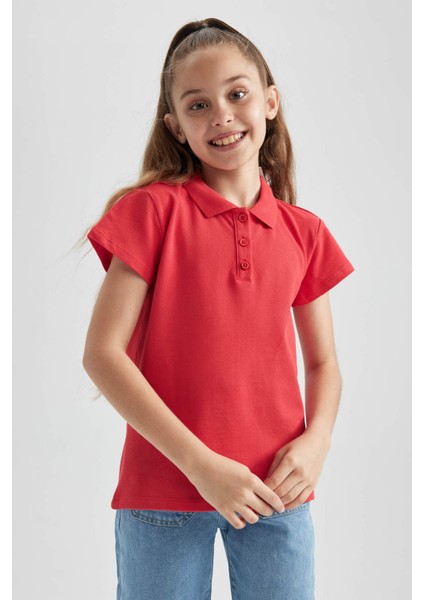 Kız Çocuk Pamuklu Kısa Kollu Basic Düz Polo Tişört B0671A8NS