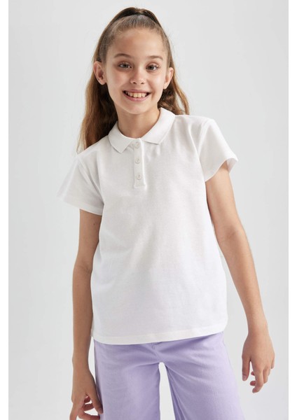 Kız Çocuk Kırmızı Pamuklu Kısa Kollu Polo Okul TIŞÖRTÜ B0671A823SM