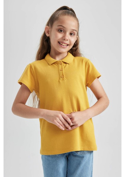 Kız Çocuk Kırmızı Pamuklu Kısa Kollu Polo Okul TIŞÖRTÜ B0671A823SM