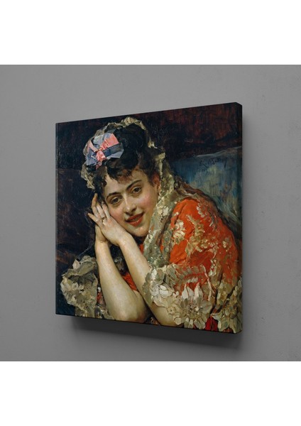 Kırmızı Elbiseli Fransız Kadın Kanvas Tablo 50X50CM