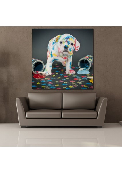 Boya Sıçramış Beyaz Köpek Kanvas Tablo 110X110CM fiyatları