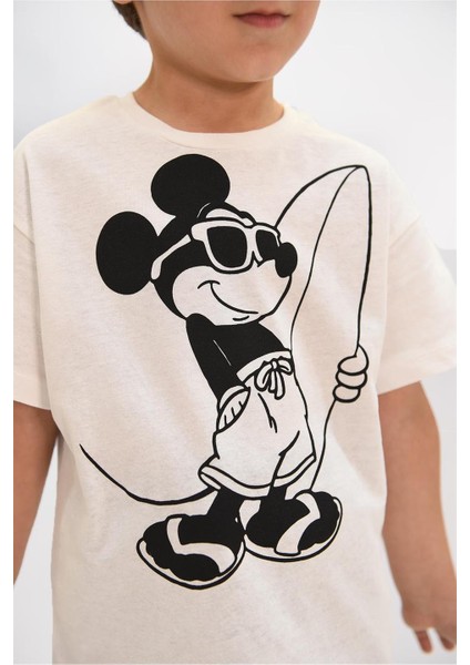 Erkek Çocuk Fit Mickey Mouse Baskılı %100 Pamuk Kısa Kollu Tshirt V Şort Alt Üst Takım