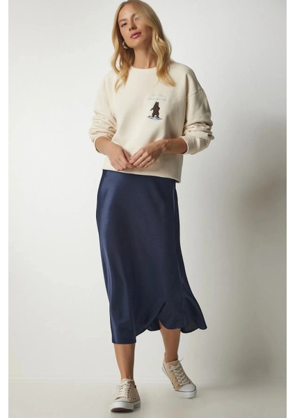 Kadın Lacivert Saten Yüzeyli Midi Boy Etek Hzl23s-Bd1101471 fiyatları