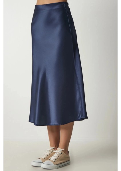 Kadın Lacivert Saten Yüzeyli Midi Boy Etek Hzl23s-Bd1101471 fırsatları
