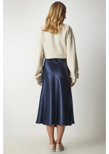 Kadın Lacivert Saten Yüzeyli Midi Boy Etek Hzl23s-Bd1101471 indirimleri