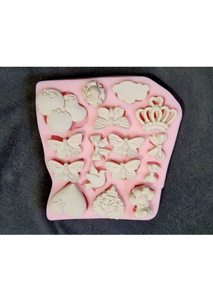 Kelebek Ayı Kalp Taç Bulut Balon Kuş Gül Çiçek Kurdele, 16 Objeli Silikon Kalıp K-1145