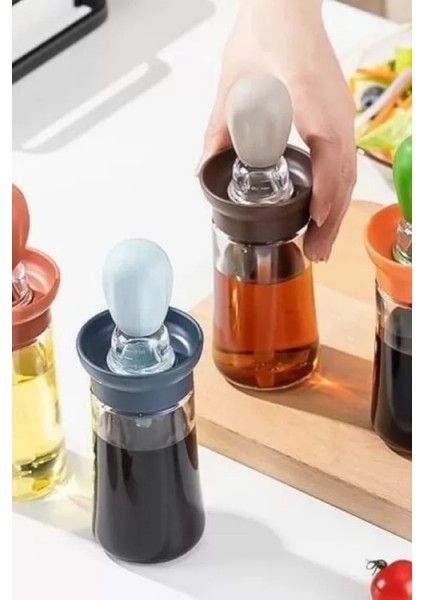 Hazneli Silikon Uçlu Cam Yağdanlık Sirke Yağ Yumurta Ve Sos Fırçası Asorti