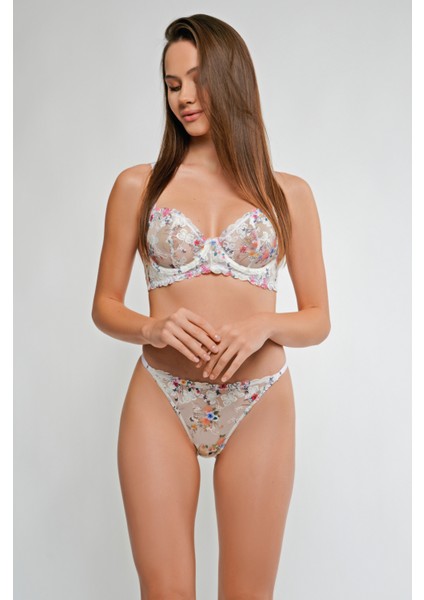 Vos Versa Yüksek Kalite Çiçekli Balenli Beyaz Brode Extra Soft Sütyen Külot Takım IG0047