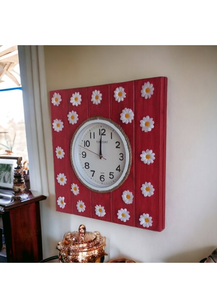 Ahşap Çam Ağacı Salon Ofis Duvar Saati Papatyalı Duvar Çiçekliği Süsü 41*42 cm