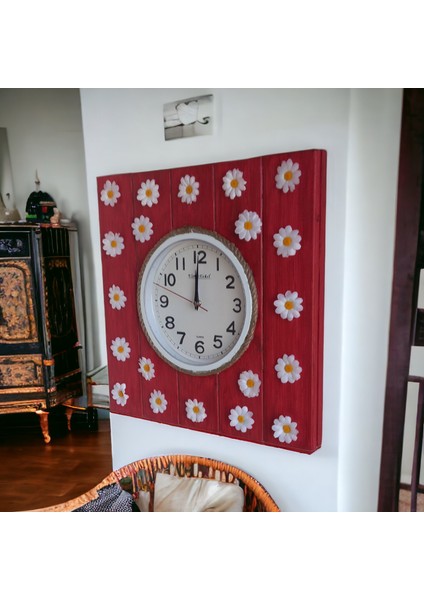 Ahşap Çam Ağacı Salon Ofis Duvar Saati Papatyalı Duvar Çiçekliği Süsü 41*42 cm modelleri