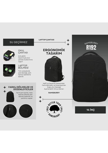 Su Geçirmez Siyah Sırt Çantası 14 Inç Laptop Bölmeli Seyahat & Okul Çantası