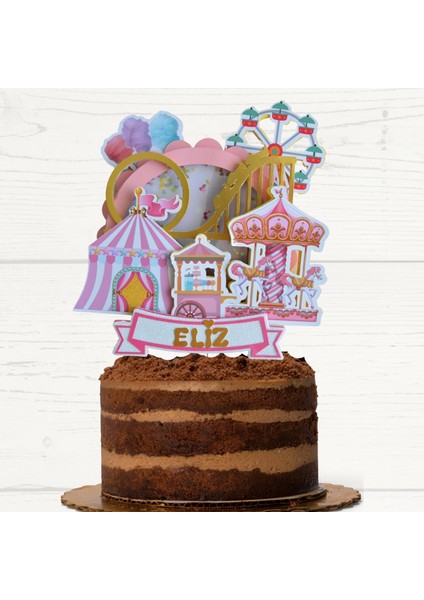 3D Pasta Süsü - Lunapark Temalı - Kız Çocuk Kişiye Özel Doğum Günü Pasta Parti Süsü - Cake Topper (22X20CM)