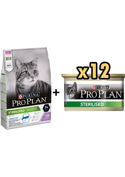 Hindili Kısırlaştırılmış ve7 Yaşlı Kedi Maması 3 kg ve 12 Adet Proplan Sterilised Ton ve Somonlu Kısırlaştırılmış Kedi Konservesi 85 gr