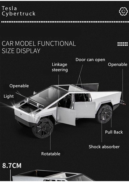 Tesla Cybertruck 1:24 Model Maket Araba Silver