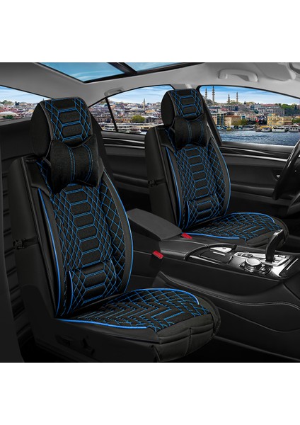 fiat Stilo Lüx Deri Oto Koltuk Kılıfı Ön Arka Takım (Royal) Siyah Mavi