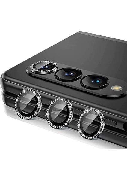 Samsung Galaxy Z Fold 5 / 4 Uyumlu Taşlı Metal Temperli Cam Lens Koruyucu Siyah