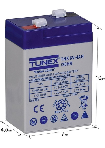 6V 4A 0,67 kg Kuru Bakımsız Akü (70*48*100*106 Mm) TNX-6V4A
