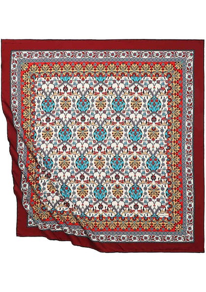 Bordo Çini Lale Desen Ipeksi Eşarp