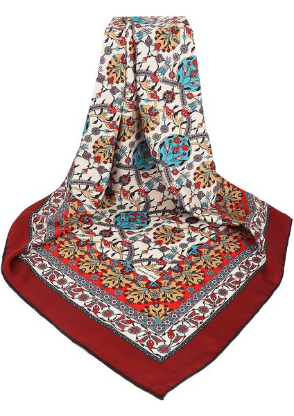 Bordo Çini Lale Desen Ipeksi Eşarp