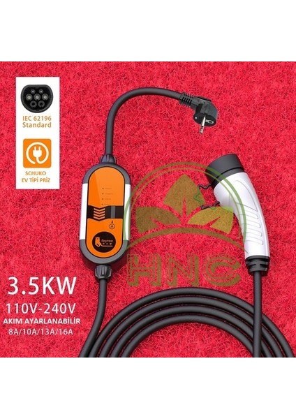 Taşınabilir Elektrikli Araç Şarj Istasyonu Ev Prizi Tip 2 16A 3.5kw Iec 62196-2