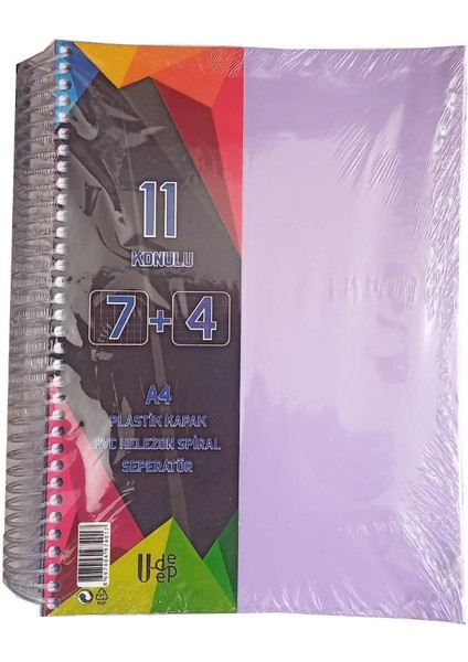 7+4 Ayraçlı Defter 11 Konulu 225 Yaprak 1 Adet 7 Kareli 4 Çizgili Spralli Plastik Kapak Seperatörlü