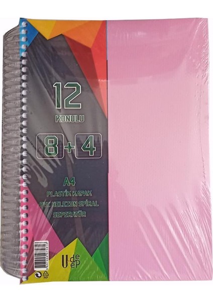 8+4 Ayraçlı Defter 12 Konulu 300 Yaprak 1 Adet 8 Kareli 4 Çizgili Spralli Plastik Kapak Seperatörlü
