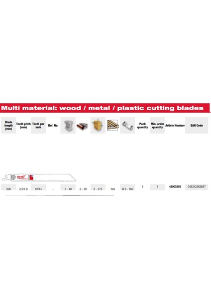 Kılıç Testere 200 mm Bi-Met Ahş.-Metal 5'li Pk. Genel Amaçlı 48005293
