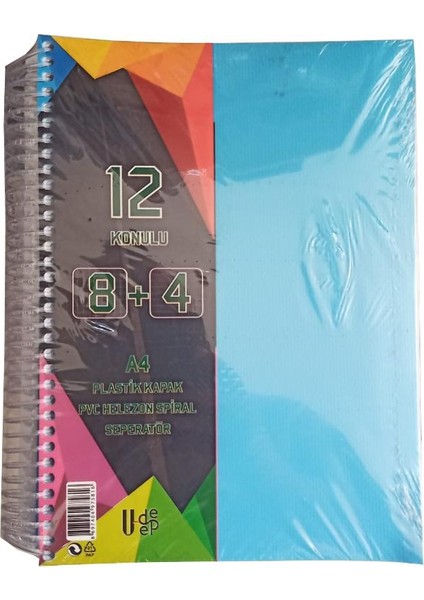 8+4 Ayraçlı Defter 12 Konulu 300 Yaprak 1 Adet 8 Kareli 4 Çizgili Spralli Plastik Kapak Seperatörlü
