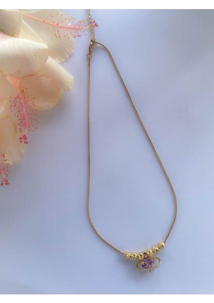 Çelik Taşlı Gezegen Kalp Kolye Gold