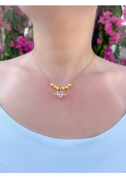 Çelik Taşlı Gezegen Kalp Kolye Gold modelleri