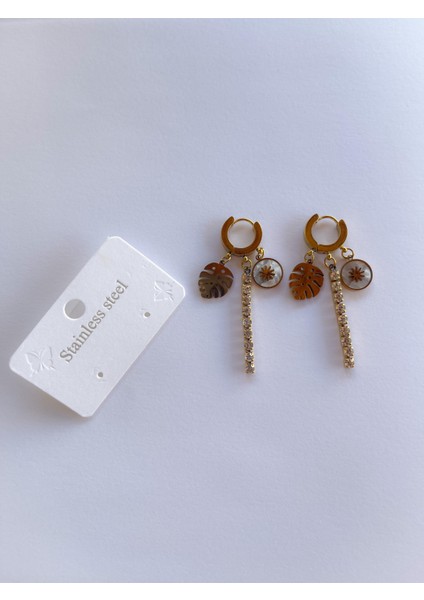 Çelik Sallantılı Taşlı Küpe Gold